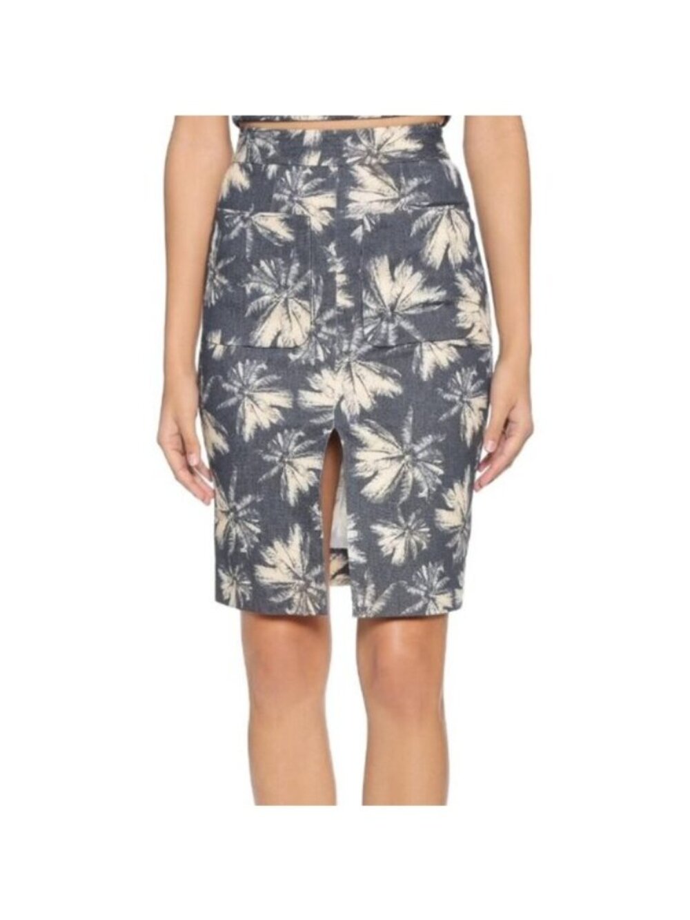 LAgence Palm Print Pencil Skirt Dark Navy/Black Ivory